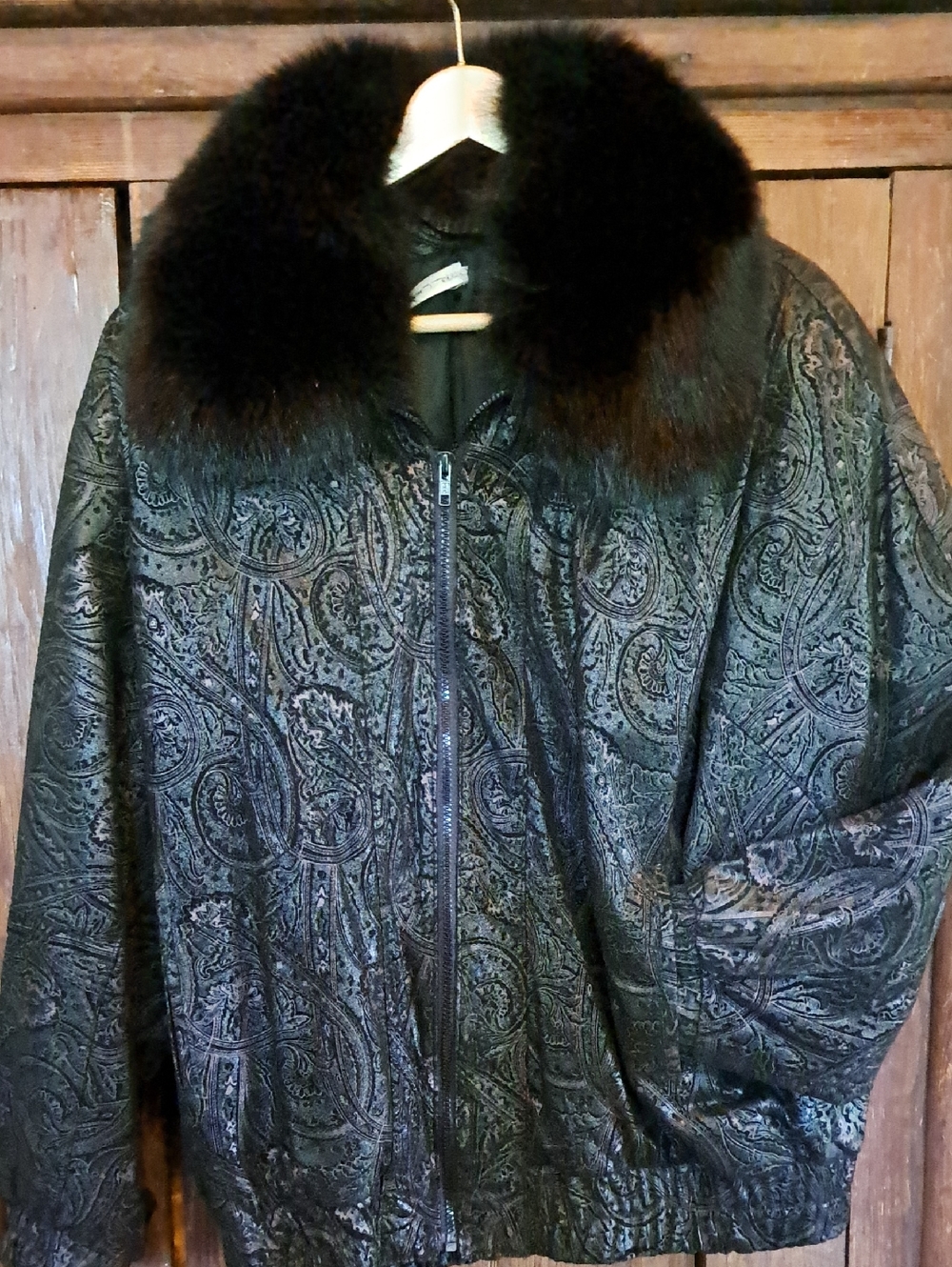Black Paisley Leather Jacket W/ Fox Collar (Removable)
